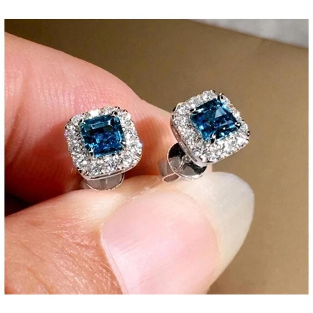 Blue Square halo Studs - silver - CZs - 9mm